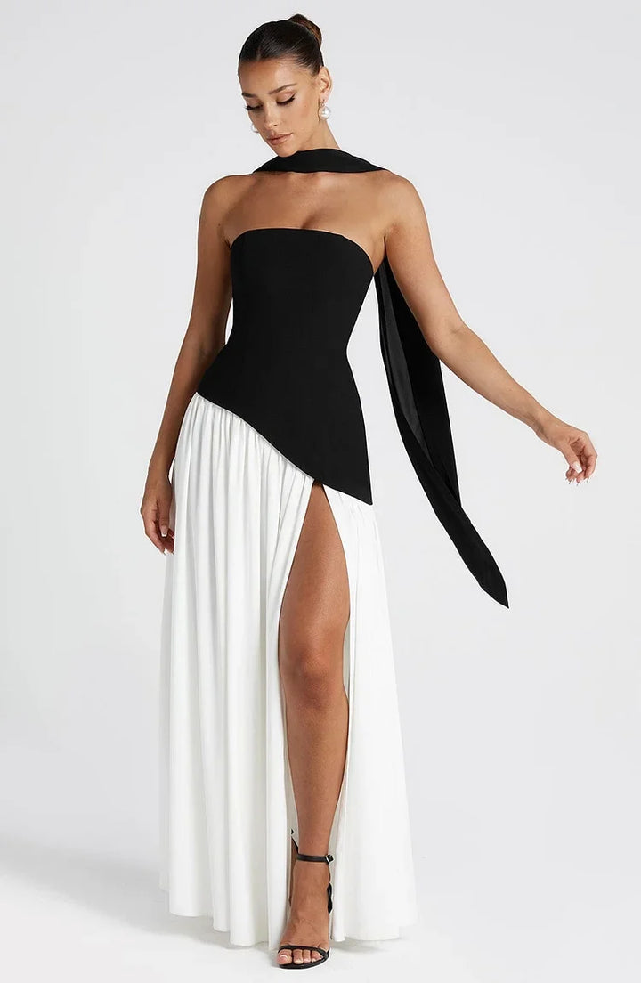 Sophisticated Women's Strapless Party Dress with a fashionable asymmetric maxi hemline.