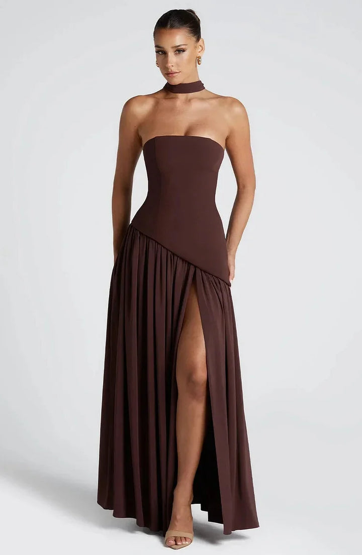 Sleeveless Asymmetric Hem Maxi Dress for women, an elegant strapless design for evening.