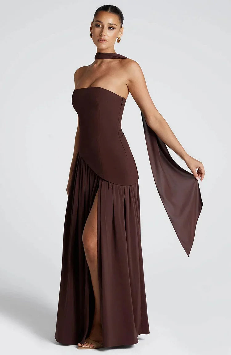 Women's Formal Evening Gown: Strapless Maxi Dress with a dramatic asymmetric hem.