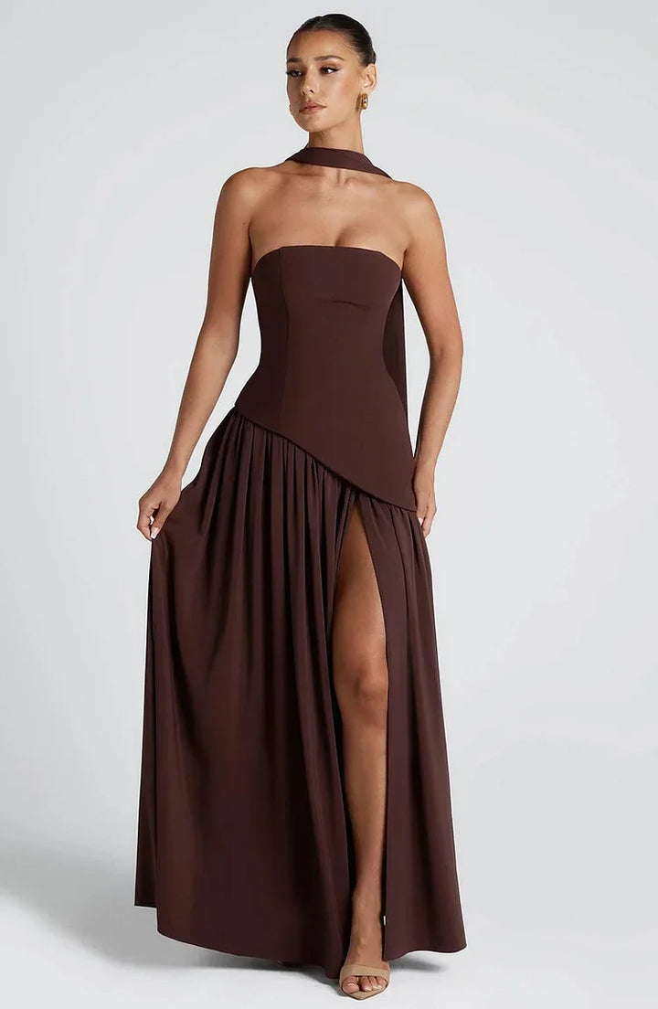 Stylish Women's Strapless Asymmetric Hem Maxi Dress, perfect for elegant gatherings.