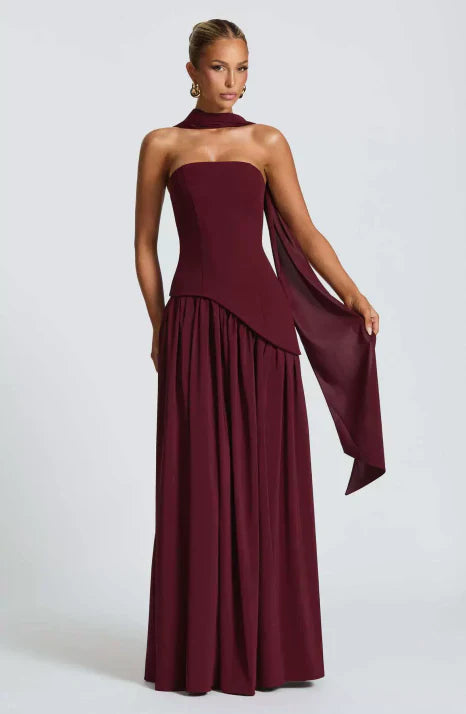 Elegant women's strapless maxi formal dress. Perfect flowing evening gown for special occasions & wedding guests.