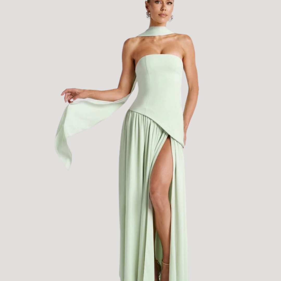 Elegant women's strapless pleated maxi dress for formal evenings & special occasions.