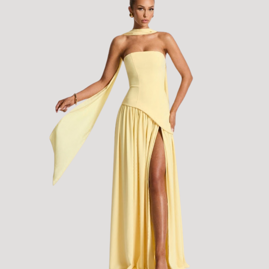 Sophisticated strapless pleated maxi gown, women's formal evening wear.
