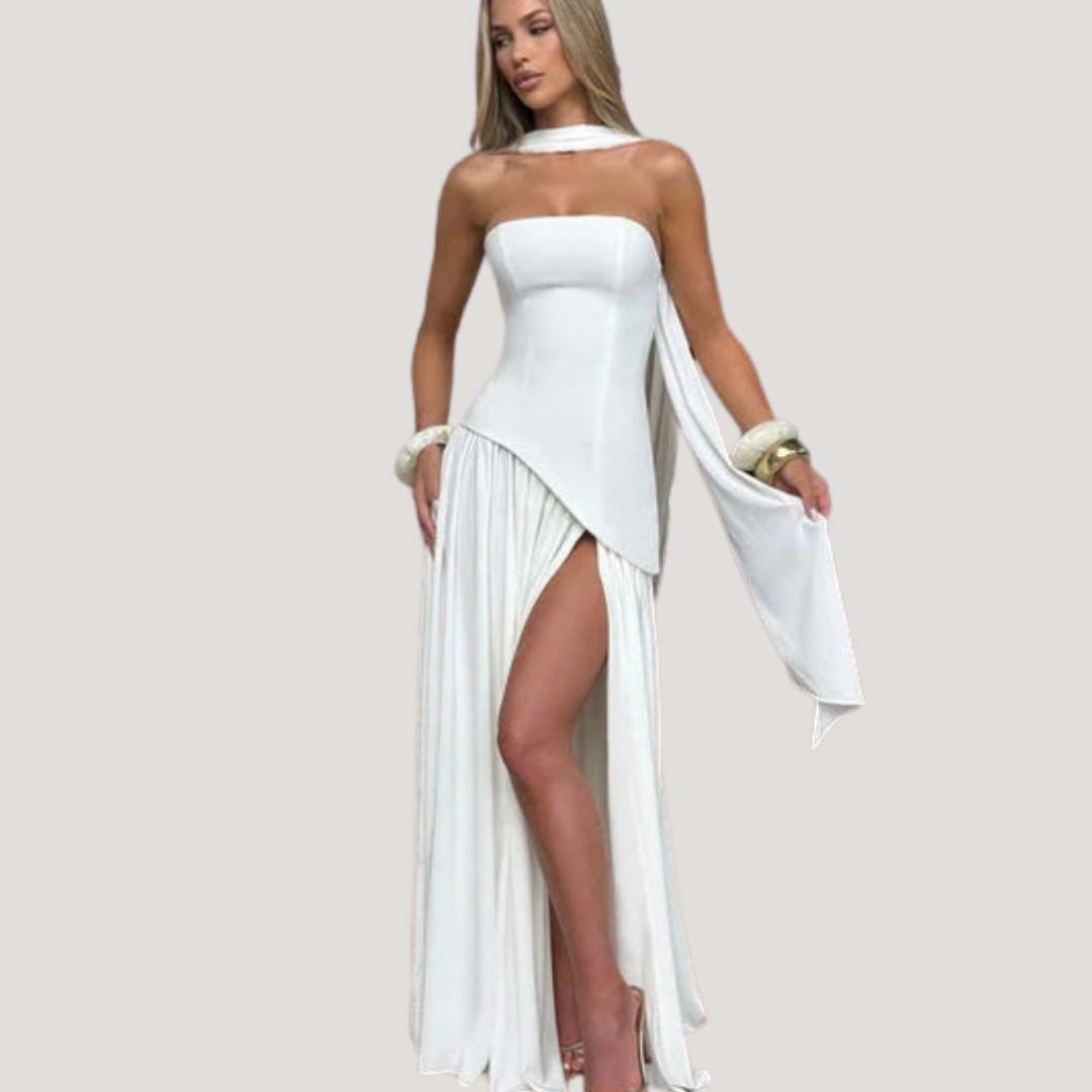 Stunning women's long strapless pleated maxi, perfect for prom & galas.