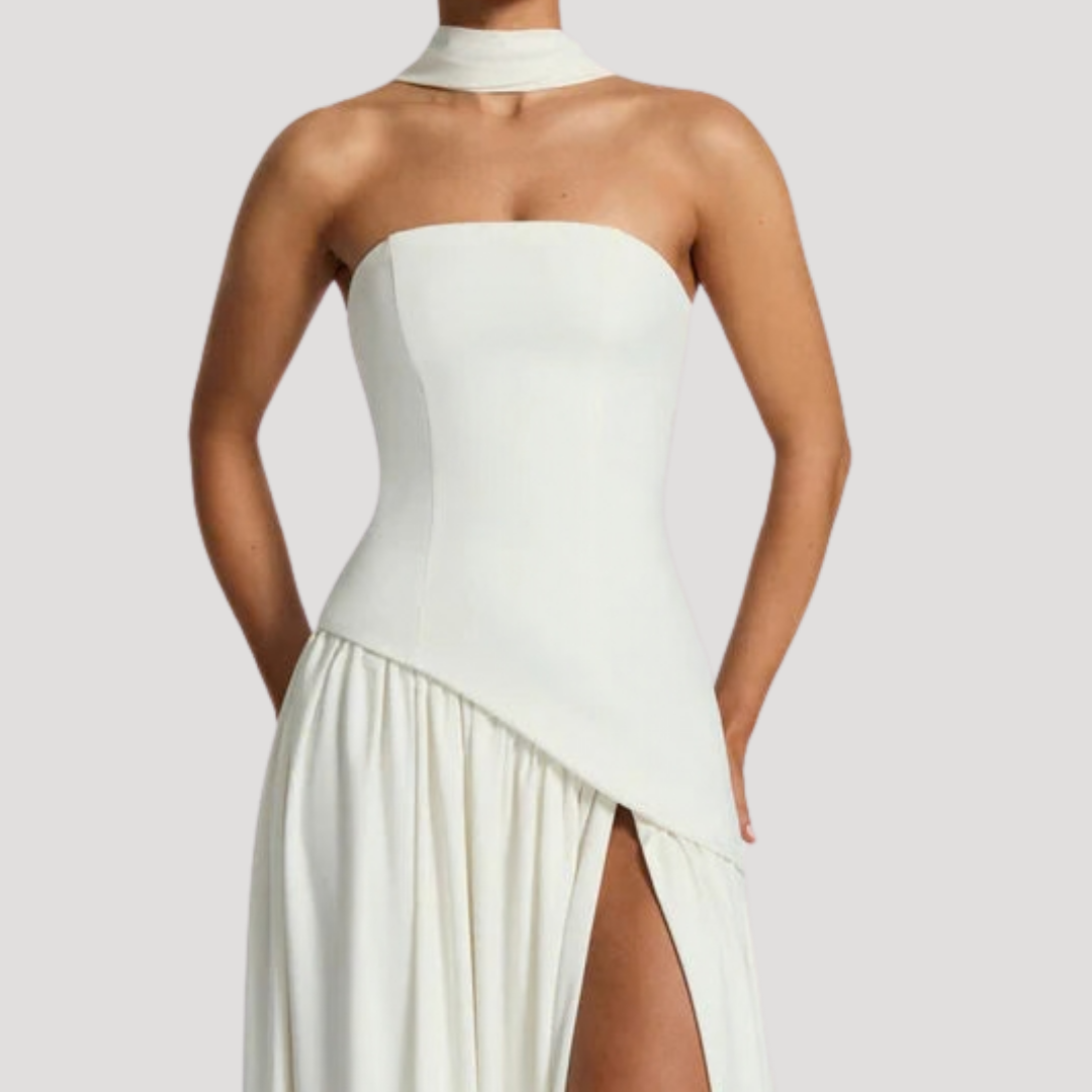 Chic formal women's strapless pleated maxi dress, ideal for special occasions.