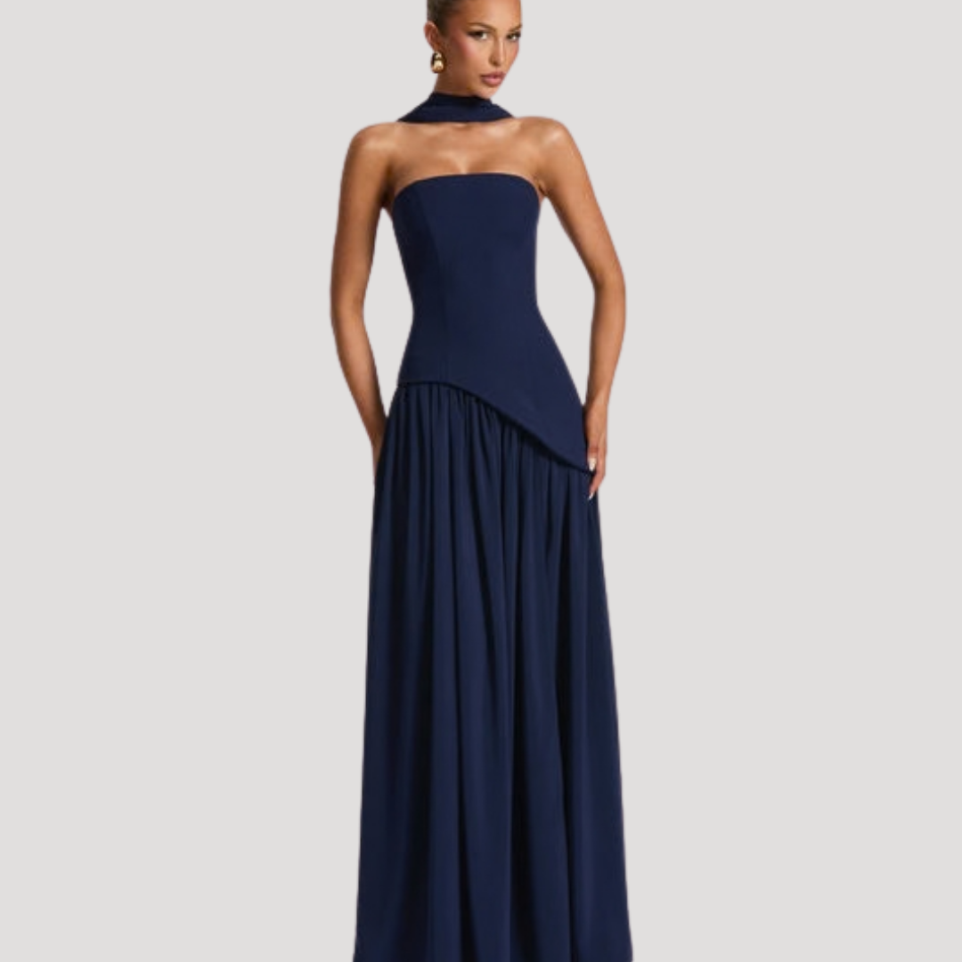 Gorgeous women's strapless pleated maxi dress, a formal evening party gown.