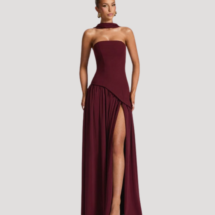 Beautiful elegant strapless pleated maxi dress, women's special occasion wear.