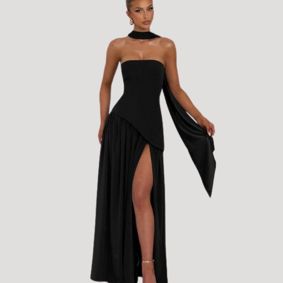 Luxurious women's long strapless pleated maxi dress, elegant evening attire.