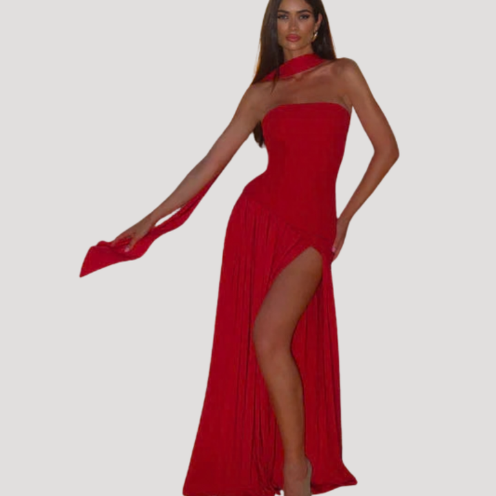 Timeless women's strapless pleated maxi gown, perfect for formal galas.