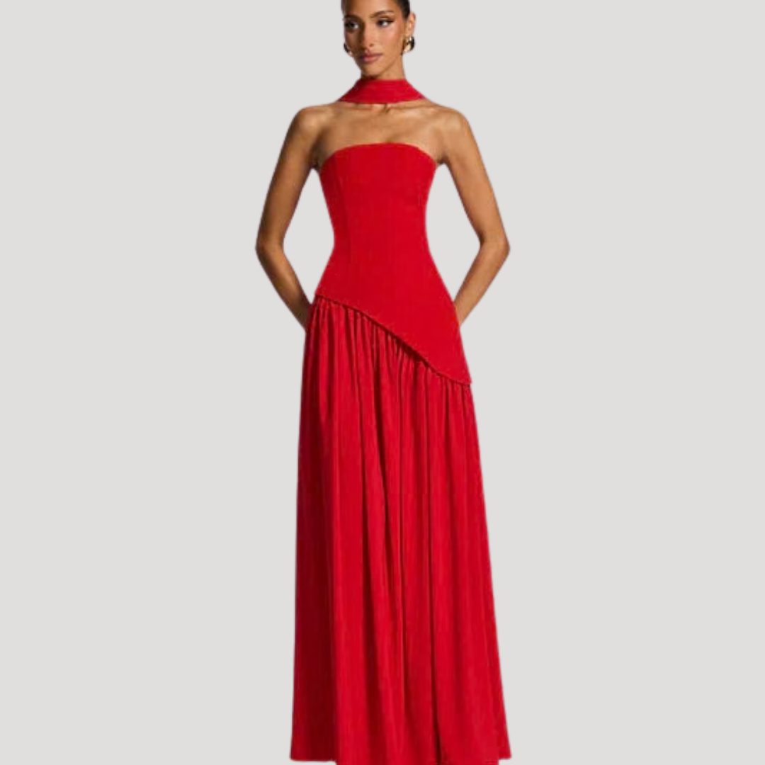 Elegant strapless pleated maxi dress, women's formal evening wear.