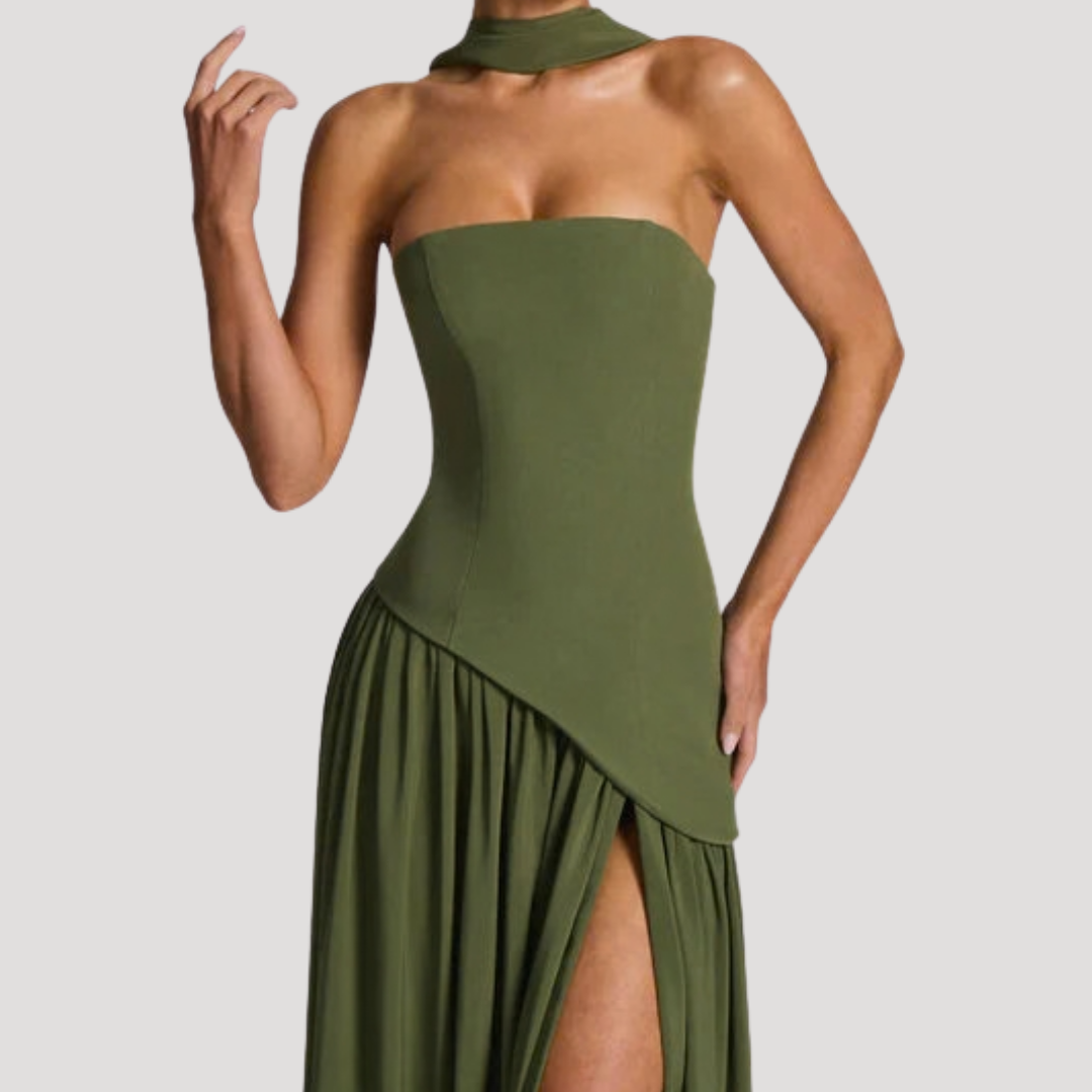 Sophisticated women's pleated strapless maxi gown, perfect for special occasions.