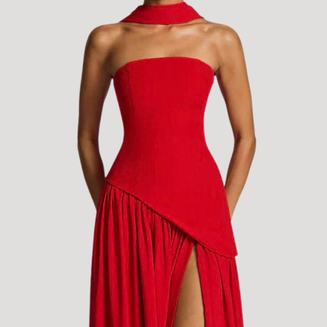 Stunning women's strapless pleated maxi, a formal evening party dress.