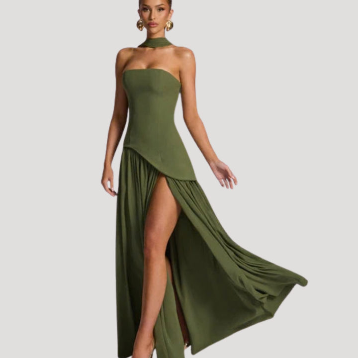 Gorgeous women's strapless pleated maxi gown, elegant for prom night.