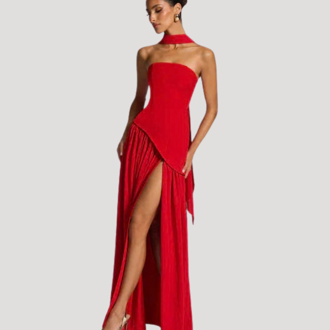 Beautiful formal women's strapless pleated maxi dress, special occasion.