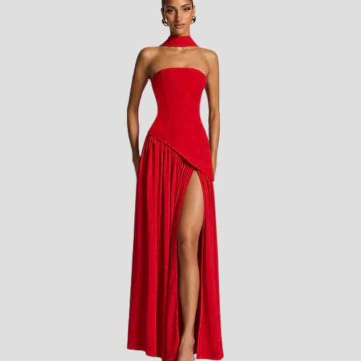 Luxurious women's strapless pleated maxi dress, sophisticated evening attire.