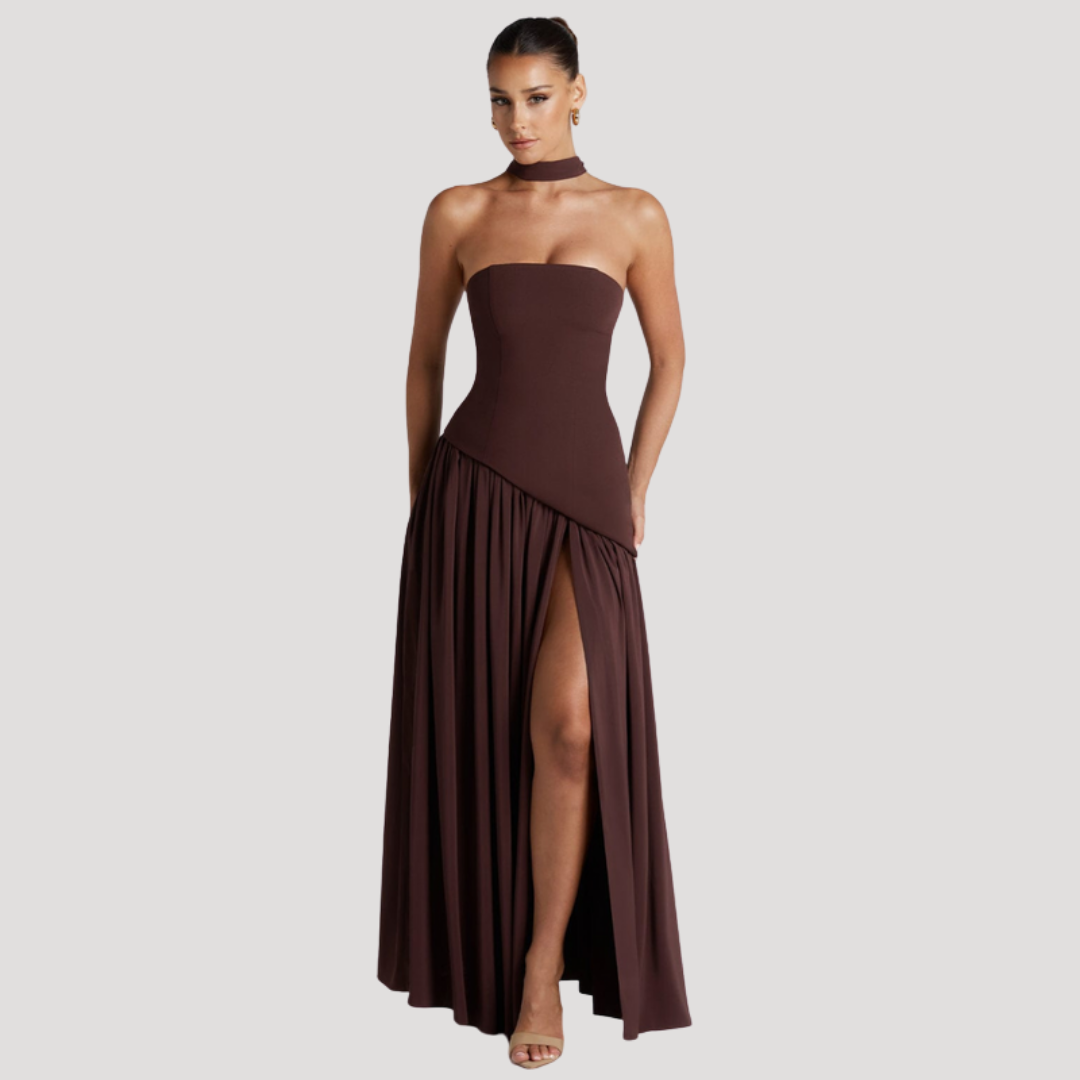 Timeless women's long strapless pleated maxi gown, formal evening wear.