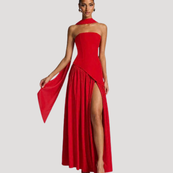 Modern women's strapless pleated maxi, an elegant formal party dress.