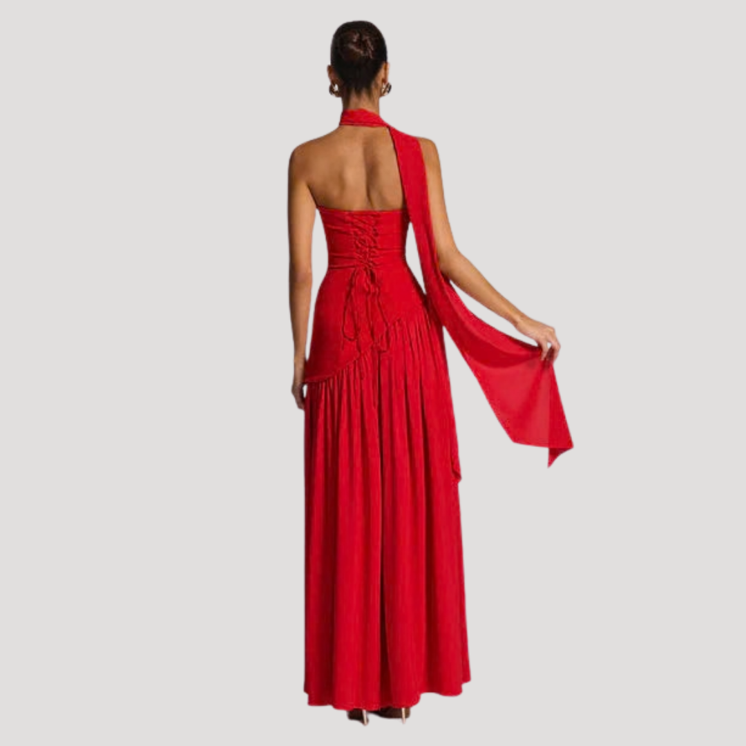 Elegant strapless pleated maxi dress for women, sophisticated evening wear.