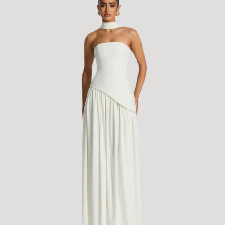 Stunning formal women's strapless pleated maxi, special occasion gown.