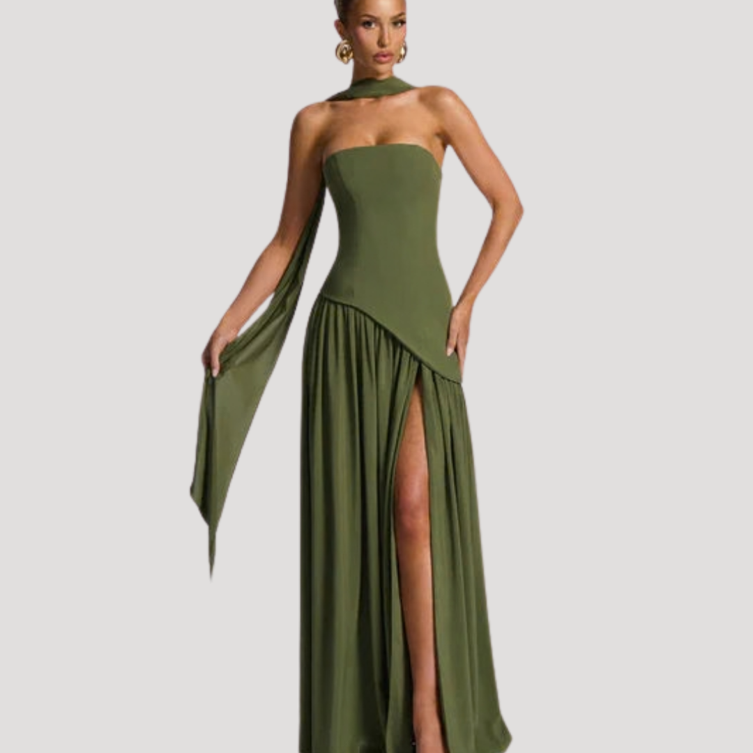 Chic women's strapless pleated maxi dress, elegant for evening parties.
