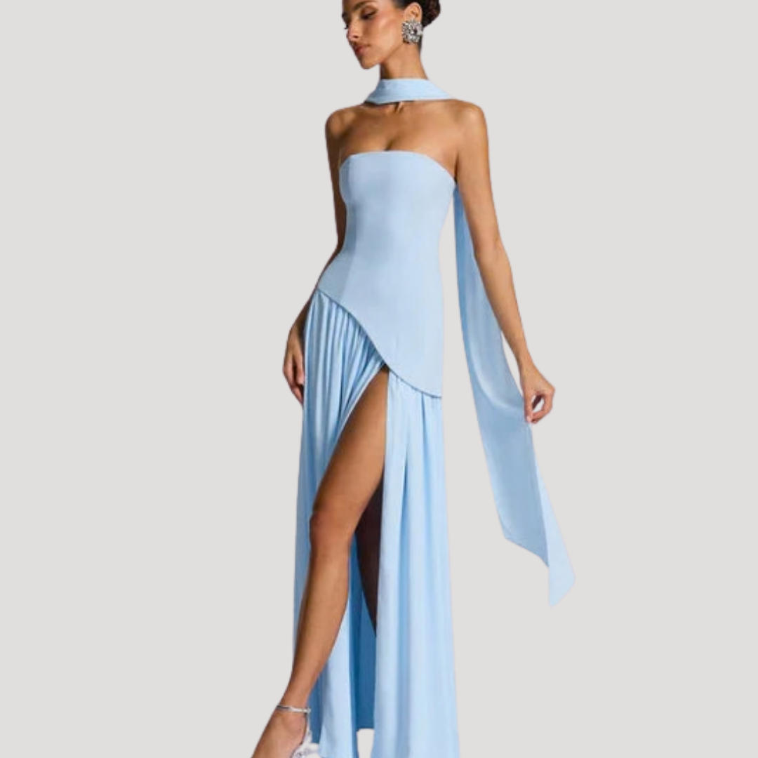 Gorgeous women's long strapless pleated maxi, a formal evening dress.