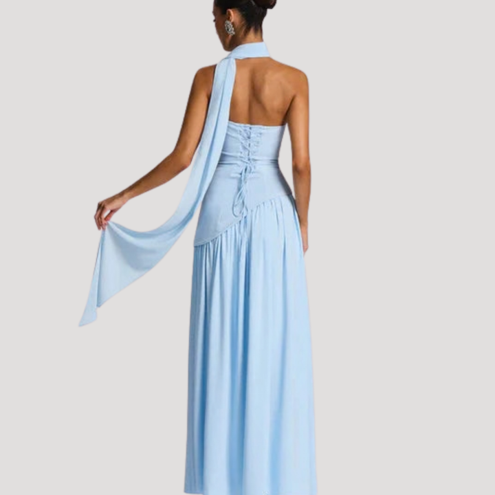 Classic formal women's strapless pleated maxi dress, sophisticated look.