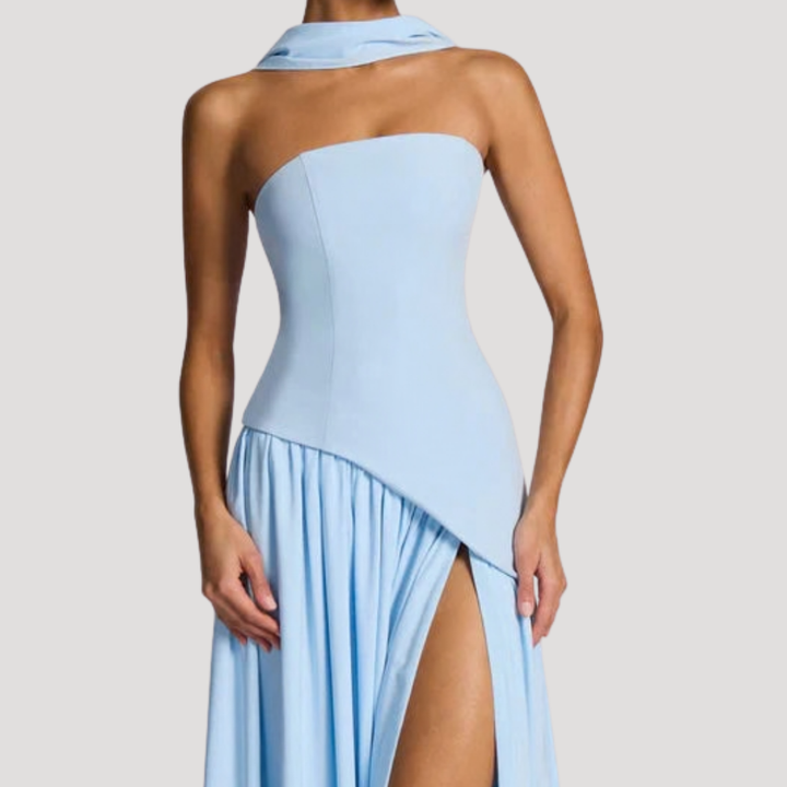 Timeless women's strapless pleated maxi gown, for formal black-tie events.