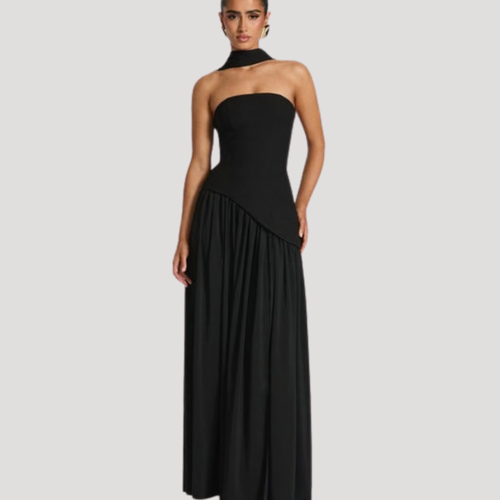Chic women's strapless pleated maxi dress, perfect formal evening wear.