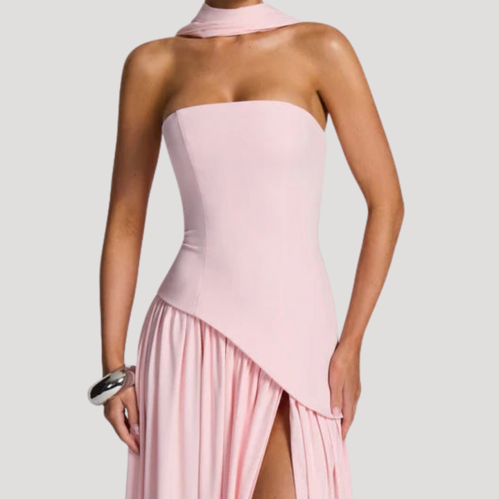 Sophisticated women's formal strapless pleated maxi, evening special occasion.