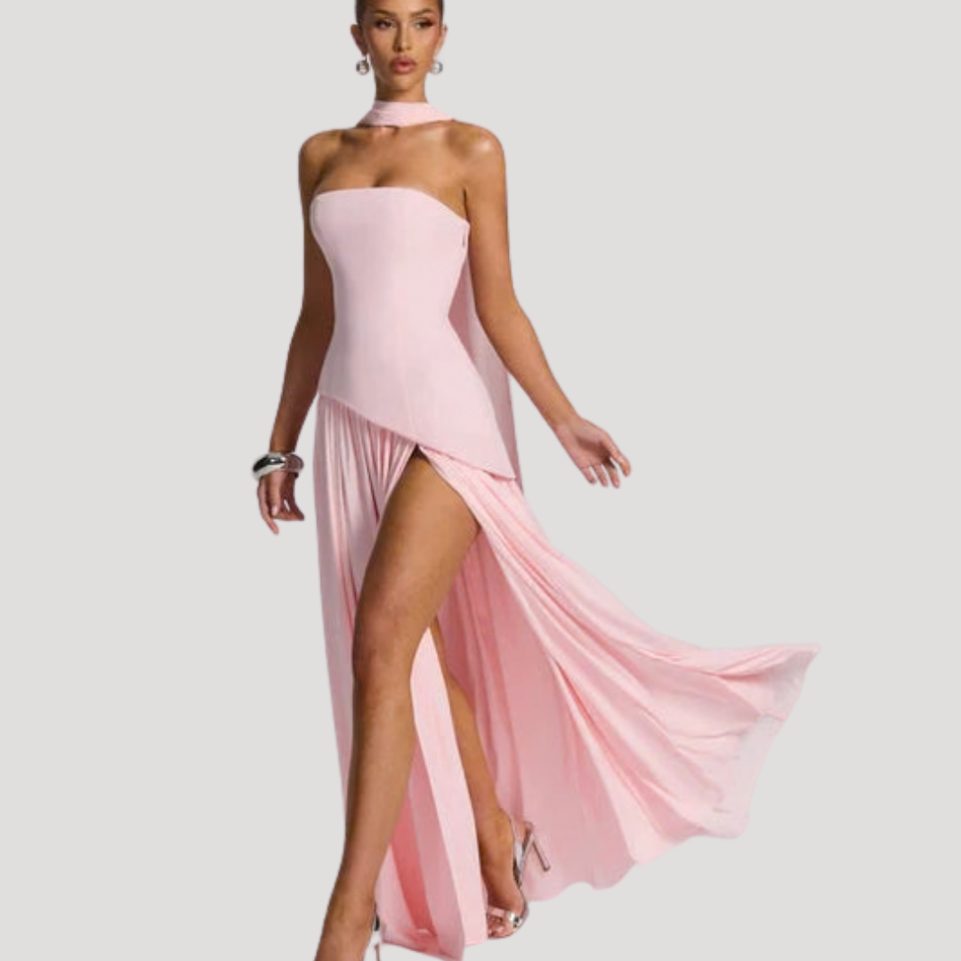 Gorgeous women's strapless pleated maxi gown, elegant for formal events.