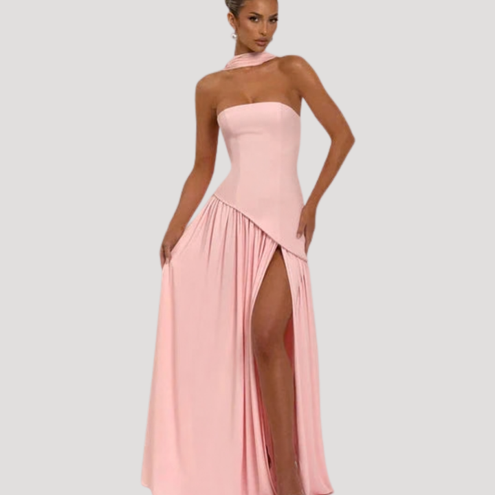 Classic women's formal strapless pleated maxi dress, timeless evening wear.