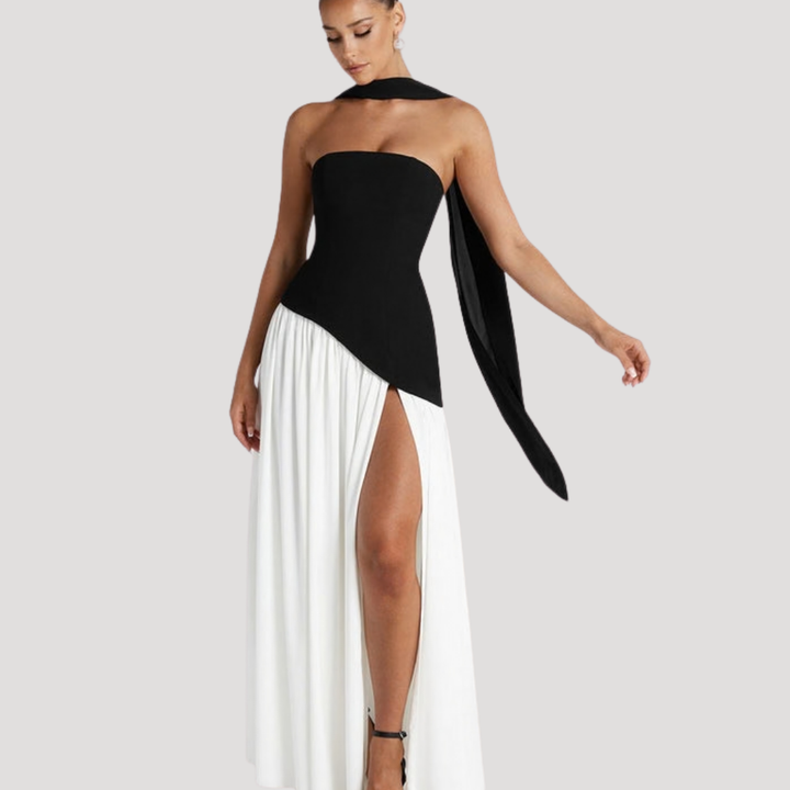 Classic black-tie dress: women's elegant strapless pleated maxi gown, sophisticated.