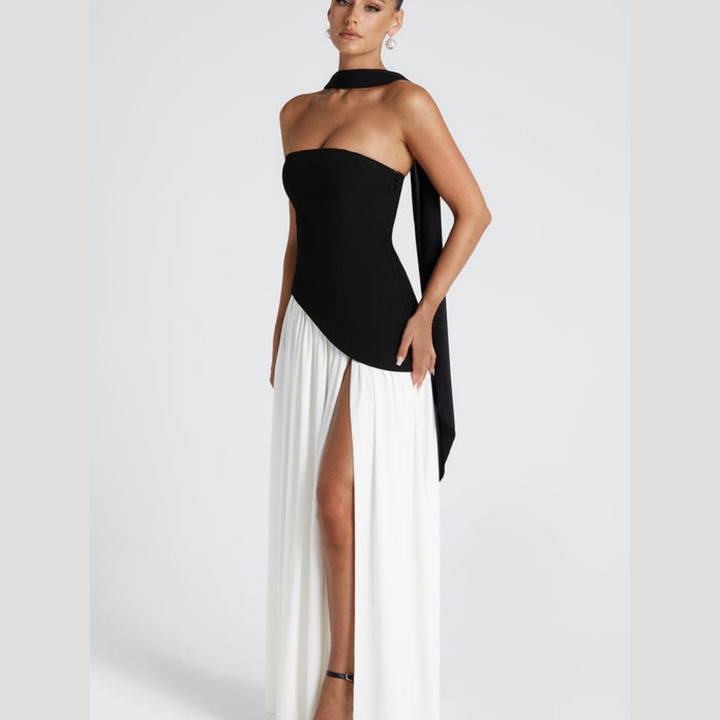 Timeless elegant strapless pleated maxi dress, perfect for women's formal occasions.