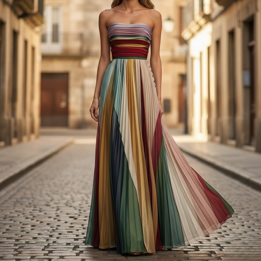 Elegant women's strapless pleated summer dress, perfect for parties, cocktails, or evening events.