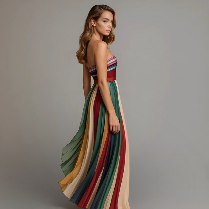 Vibrant rainbow pleated strapless maxi dress, a chic and elegant choice for women's summer and vacation events.