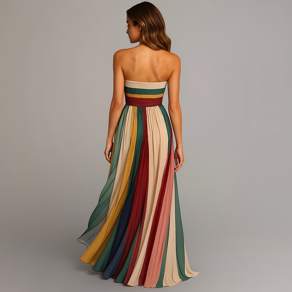 Stylish women's strapless maxi dress featuring rainbow pleats; a perfect elegant summer or vacation party outfit.