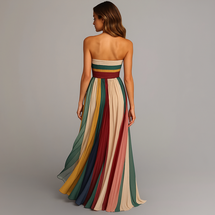 Stylish women's strapless maxi dress featuring rainbow pleats; a perfect elegant summer or vacation party outfit.