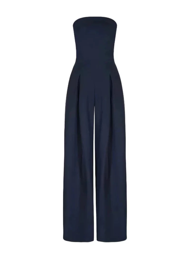 Flowy women's wide-leg jumpsuit with a strapless design, offering elegant evening wear & a chic formal look.