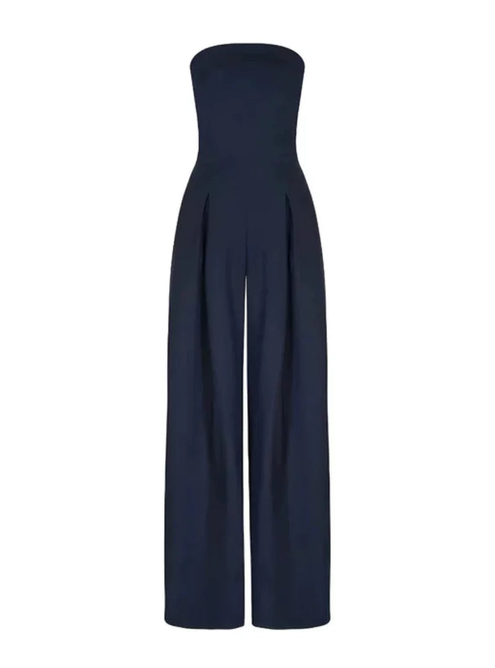 Flowy women's wide-leg jumpsuit with a strapless design, offering elegant evening wear & a chic formal look.