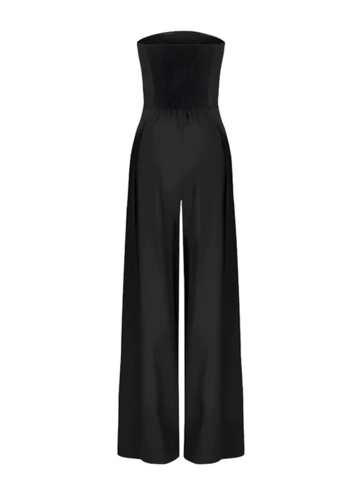 Modern women's elegant strapless wide-leg jumpsuit. Perfect for special occasions, evening parties, & chic summer style.