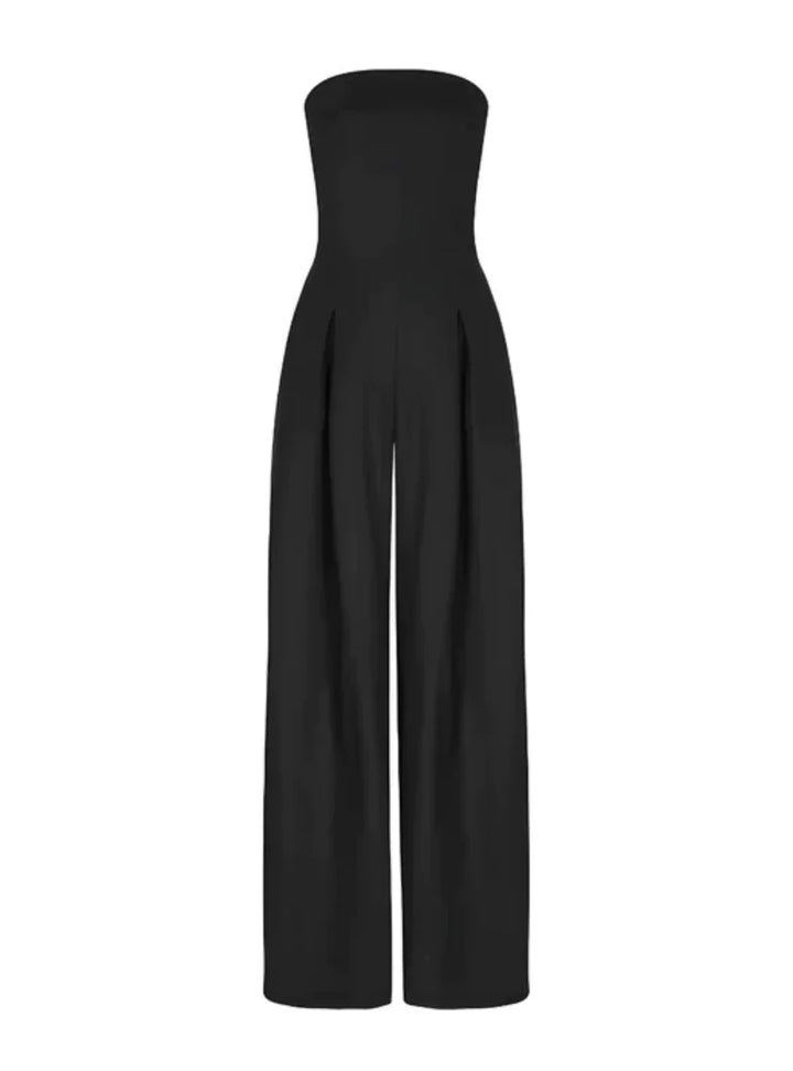 Sleek strapless wide-leg women's jumpsuit, an elegant choice for formal evening wear & sophisticated party outfits.