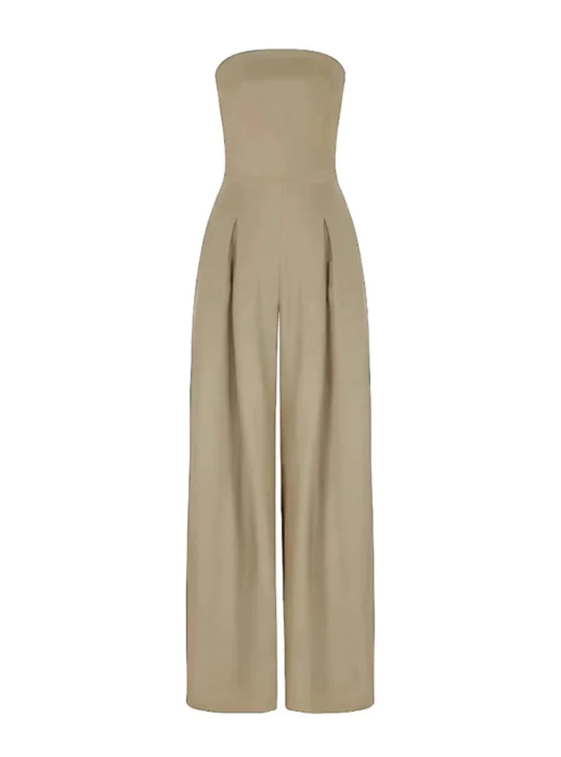 Flattering women's strapless wide-leg jumpsuit, a chic and elegant choice for evening wear & special occasions.