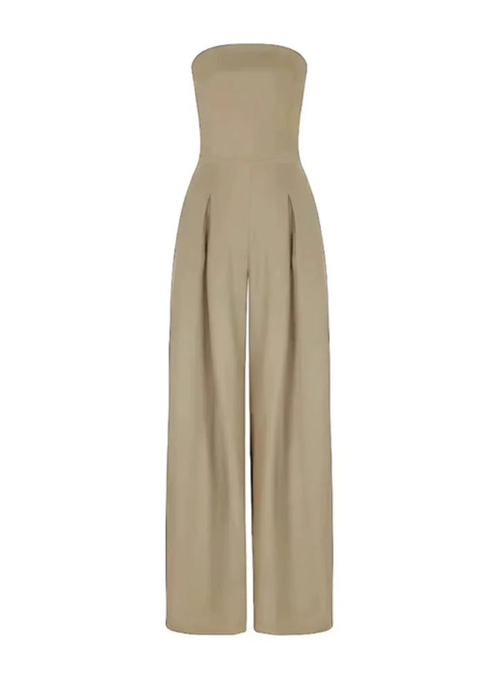 Flattering women's strapless wide-leg jumpsuit, a chic and elegant choice for evening wear & special occasions.