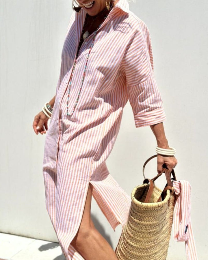 Versatile women's striped midi shirtdress featuring pockets and button-down style for effortless, casual chic.