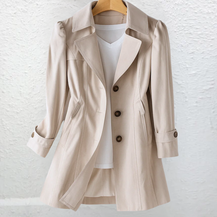 Elegant women's structured belted trench coat, a timeless classic for fall and spring fashion.
