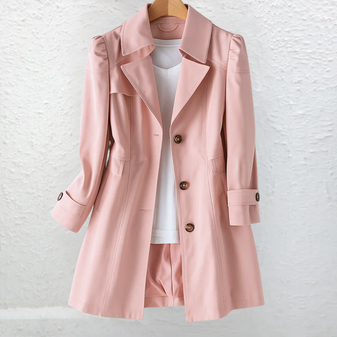 Stylish women's long belted trench coat, structured for workwear or sophisticated office attire.