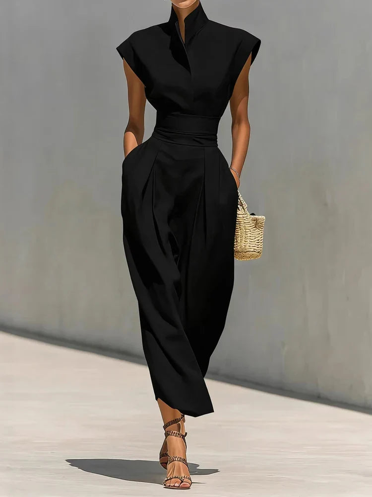 Modern women's long-sleeve structured midi dress, ideal for elegant office wear, dinner, or cocktail parties.