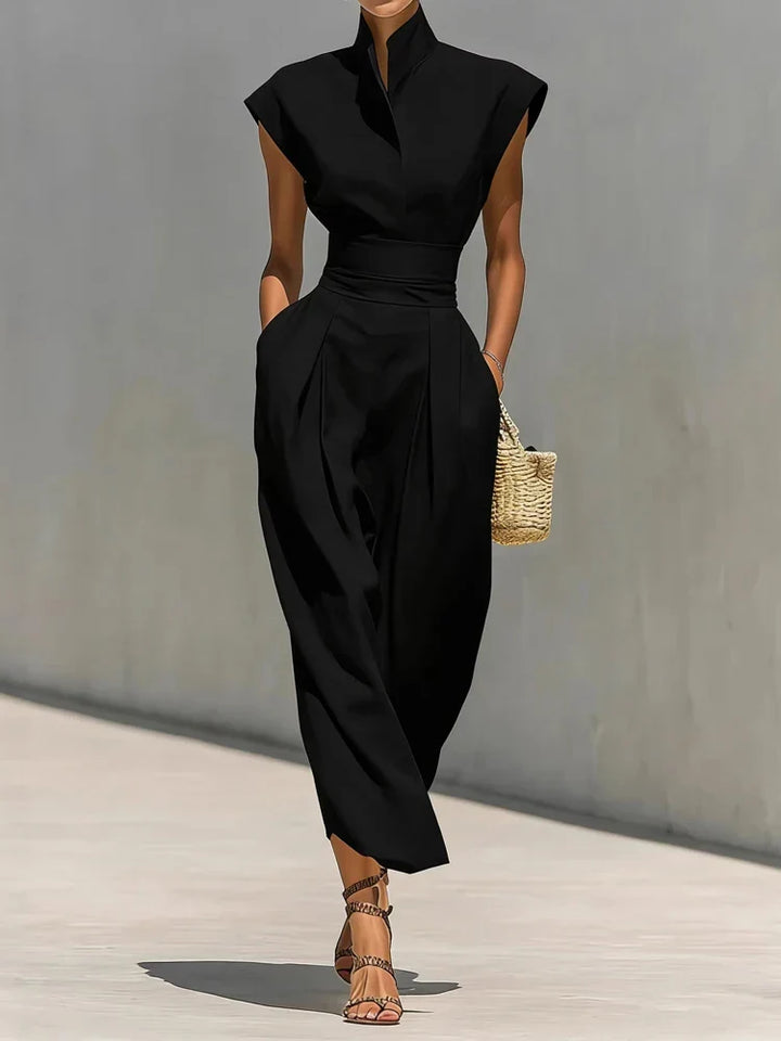 Modern women's long-sleeve structured midi dress, ideal for elegant office wear, dinner, or cocktail parties.