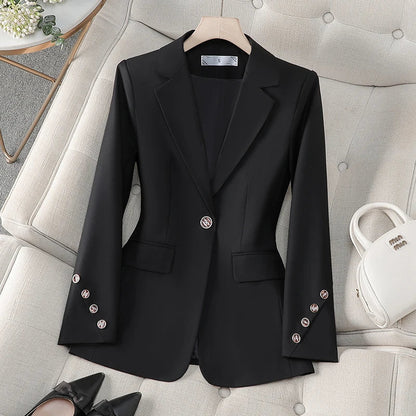 Black women's tailored blazer, ideal for professional workwear & business casual office fashion.