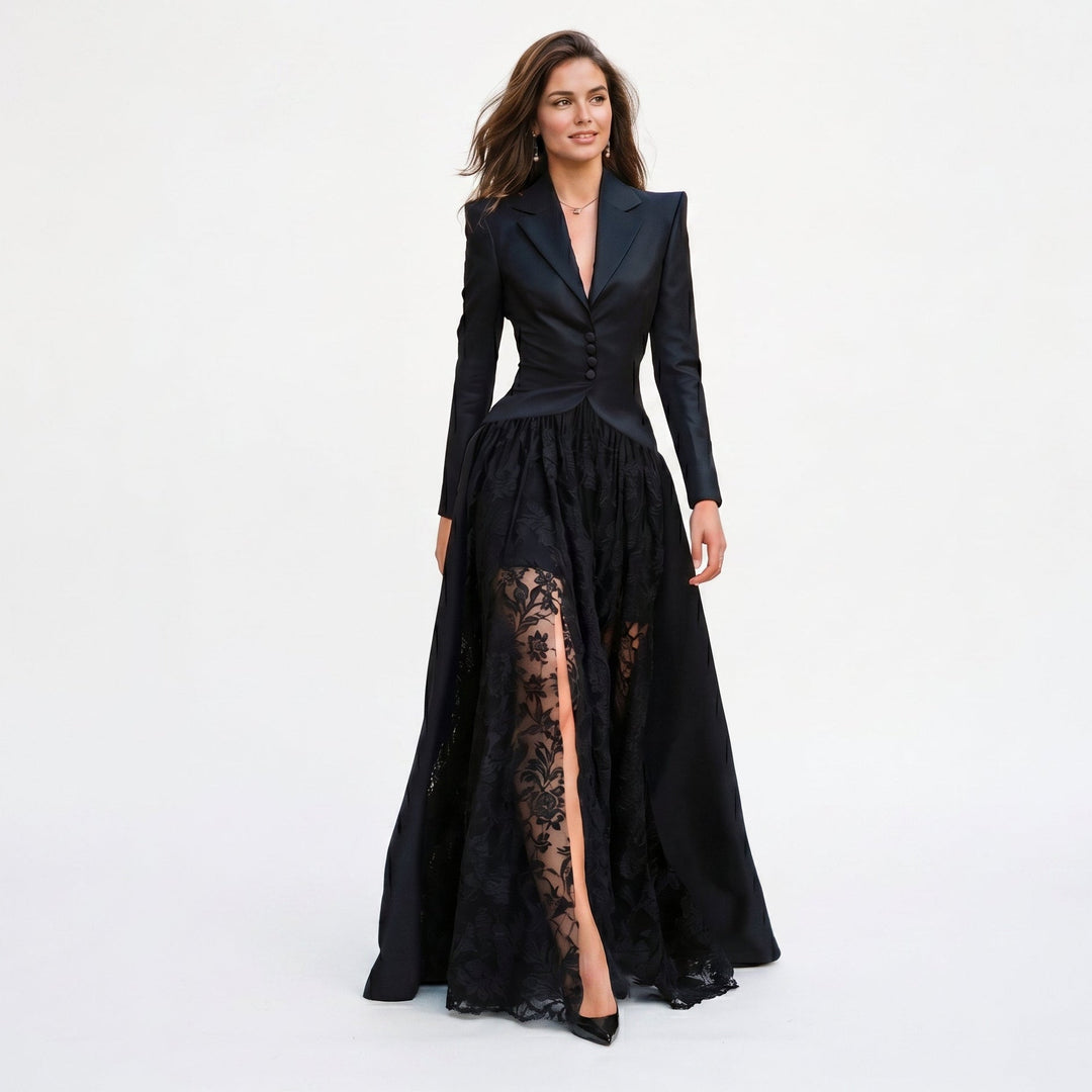 Elegant women's tailored blazer & lace evening gown set for formal events & galas. Sophisticated special occasion wear.